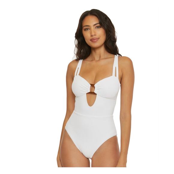 BECCA | White Ribbed Peek-a-boo Tortoise Ring One Piece Swimsuit | Large BNWT - Picture 1 of 7